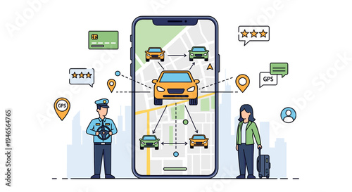 Illustration of a ride-sharing app on a smartphone showing car routes, a driver, and a passenger, representing modern transportation services.