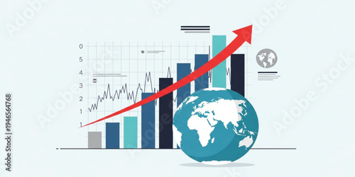 Global Business Growth Concept with Rising Arrow, Financial Bar Chart, World Globe and Economic Data Analytics for Investment, Market Expansion and International Trade