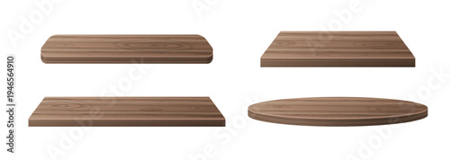 Wooden podium with natural wood grain texture, realistic vector illustration isolated on white background. Different shapes platforms, dark brown bases for product display