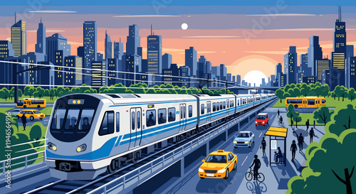 A modern electric train speeds through a bustling city at sunset, with skyscrapers, cars, taxis, and buses on the road.