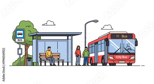 A red city bus arrives at a bus stop where people are waiting, with a tree and a bus sign visible.