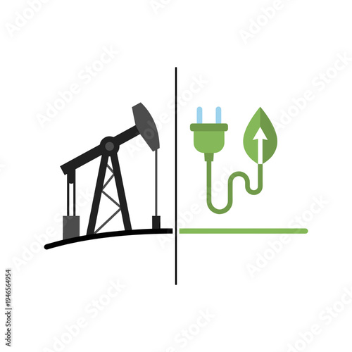 Oil pump and green electric plug with leaf icon comparison. Concept of transition from fossil energy to renewable power.