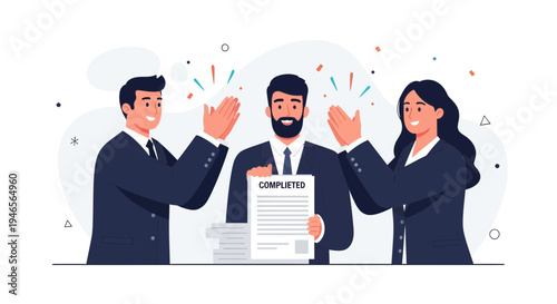 Business team celebrating success, completion of project, clapping hands, holding document