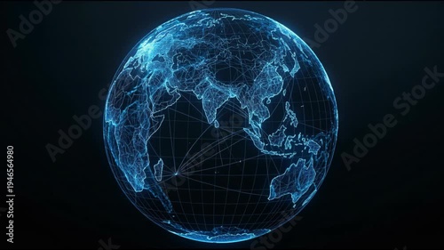 Glowing digital globe network connecting continents with blue data lines and connectivity, global communication and digital data earth network