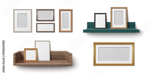 Wooden shelf with photo frames leaning against wall. Vector realistic illustration of 3D shelves for home picture gallery, vintage borders with empty space for posters, modern interior design elements