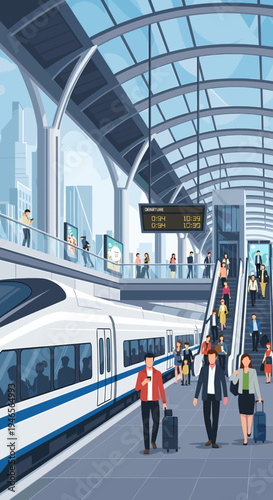 Modern high-speed train station with passengers boarding and disembarking on escalators and platforms.