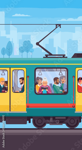 A vibrant illustration of a modern teal and yellow commuter train with diverse passengers visible through its windows, traveling through a city.