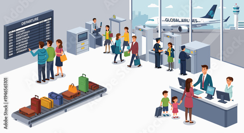 An illustration of a bustling airport terminal with passengers checking in, going through security, and luggage on a conveyor belt, with an airplane visible outside.