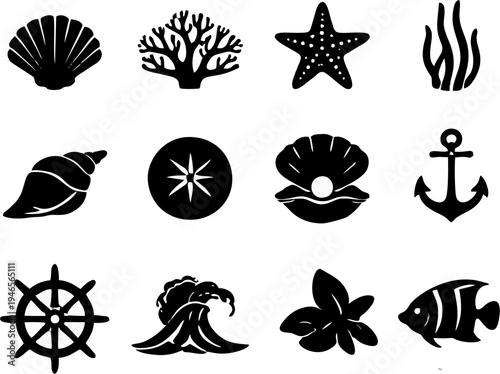 ocean elements silhouette icon set marine vector collection
