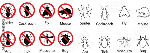 Pest control vector set collection group with insect rodent prohibition icons, bug mosquito rat cockroach symbol, no pest sign silhouette outline isolated design on transparent background.