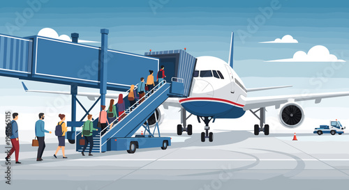 Passengers boarding a large commercial airplane at an airport gate using both a jet bridge and a mobile staircase under a clear sky.