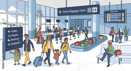 A vibrant illustration of a bustling airport terminal with diverse travelers, check-in counters, baggage claim, and departure information, showcasing modern air travel.