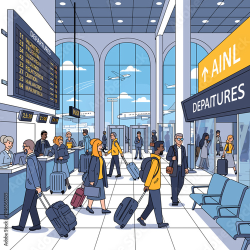 A bustling modern airport departure hall with numerous travelers, staff, luggage, and airplanes visible through large windows, depicting the dynamic atmosphere of air travel.