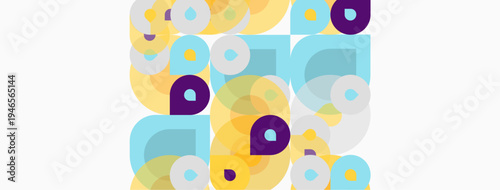 Abstract geometric shapes overlap. Colors include yellow, purple, light blue. Minimalist design with rounded forms, simple composition.