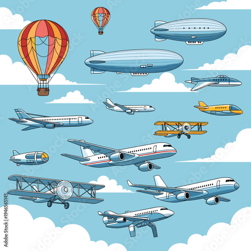 A vibrant collection of various aircraft, including hot air balloons, blimps, biplanes, and modern jets, soaring through a cloudy blue sky.