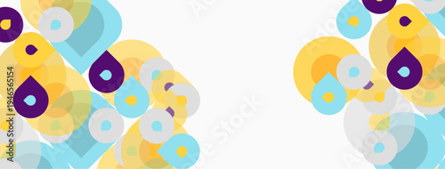 Abstract geometric shapes overlap, creating colorful patterns. Yellows, purples, blues dominate design. Minimalist aesthetic.