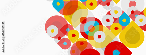 Abstract circles overlap, creating vibrant colorful patterns. Background is white, design feels modern, playful.