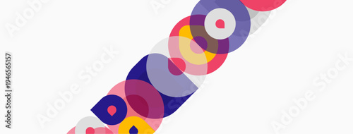 Abstract colorful circles overlap diagonally. White background provides contrast. Modern design, vibrant hues, simple geometry.