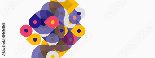 Abstract composition featuring overlapping circles, vibrant colors. Purple, yellow, pink hues dominate white background. Modern design element.
