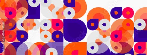 Abstract geometric pattern. Circles, squares overlap creating vibrant colorful composition. Modern design, playful aesthetic.