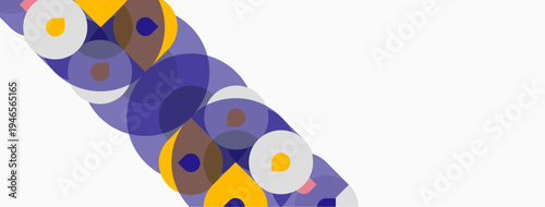 Abstract circles overlap, creating dynamic visual pattern. Purple, brown, yellow hues dominate white background. Simple geometry.