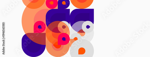 Abstract composition featuring overlapping circles, squares, vibrant orange, purple hues. Minimalist design, modern aesthetic, clean background.