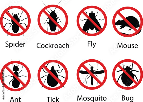 Pest control vector set collection group with insect rodent prohibition icons, bug mosquito rat cockroach symbol, no pest sign silhouette outline isolated design on transparent background.