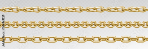 Golden chain links, seamless metal pattern with realistic gold texture, vector set isolated on transparent background. Jewelry design, necklace illustrations, border elements, frame collection