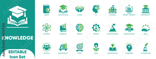 Knowledge Icon Set. achievement, brain, brainstorm, editable, efficiency, genius, goal, graduation, intellect, intelligence, learn, Editable, and icons.