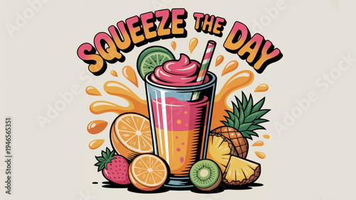 Vibrant squeeze the day t shirt design with fruit smoothie and fresh fruits