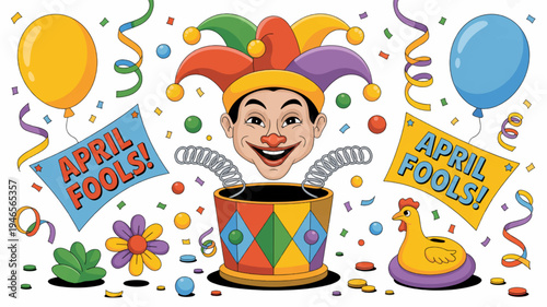 Whimsical cartoon illustration of a jester's head popping out of a colorful box surrounded by balloons and confetti celebrating april fools' day with a playful and humorous mood