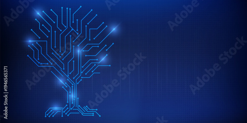Digital circuit tree with roots, abstract vector background. Neon blue electronic line branches, data network concept, AI innovation and futuristic technology banner