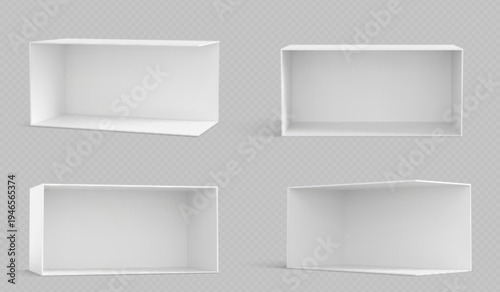 3D corner booth mockup with white walls and empty display space, realistic vector set isolated on transparent background. Trade show presentations, exhibitions, and commercial room design