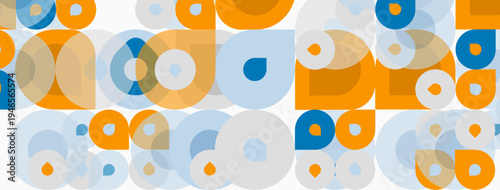 Abstract pattern features overlapping circles. Orange, blue, light blue hues create modern design. Repetitive shapes form seamless texture.