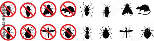 Pest control vector set collection group with insect rodent prohibition icons, bug mosquito rat cockroach symbol, no pest sign silhouette outline isolated design on transparent background.