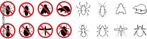 Pest control vector set collection group with insect rodent prohibition icons, bug mosquito rat cockroach symbol, no pest sign silhouette outline isolated design on transparent background.