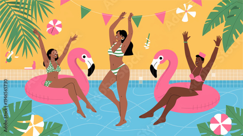 Three women dancing on pink flamingo pool floats at vibrant tropical party with colorful decorations and palm trees