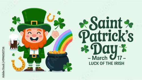 A cheerful leprechaun rainbow and pot of gold celebrate saint patrick s day