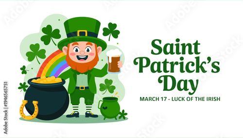 A cheerful leprechaun illustration with a pot of gold and saint patrick s day text