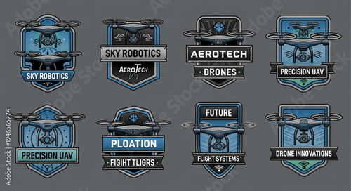 Collection of drone emblems and badges with futuristic design elements.