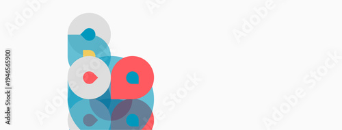 Abstract shapes, circles, overlapping forms. Light blue, pink hues dominate white background. Modern design, simple composition.