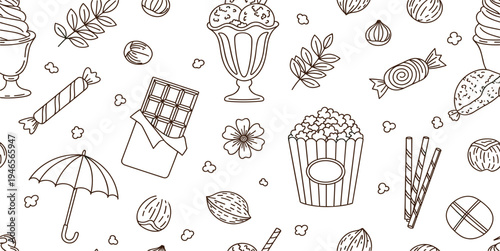 Hand Drawn Sweet Dessert and Candy Seamless Pattern with Chocolate Bar, Popcorn, Ice Cream, Nuts, and Confectionery Elements for Packaging and Textile Design