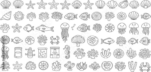 Hand Drawn Underwater Icon Collection with Seashells, Coral, Fish, Jellyfish, Starfish, and Marine Elements for Coloring Pages and Ocean Design Projects