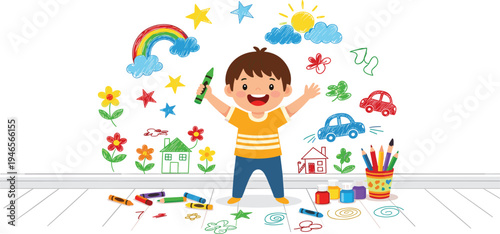 Happy Little Boy Drawing Colorful Crayon Doodles on Wall with Rainbow, Sun, Flowers and Cars, Kids Creativity and Art Activity Cartoon Vector Illustration