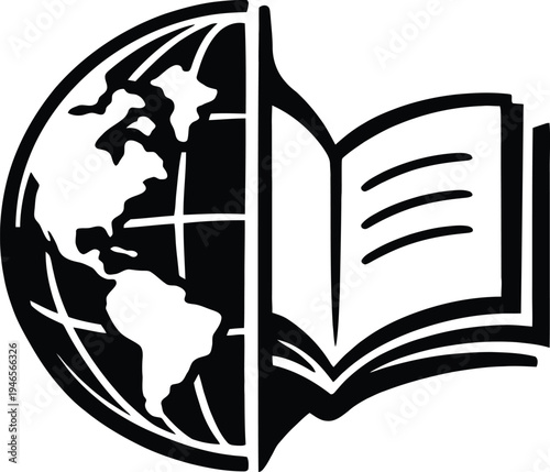 Black and white of globe and open book education learning