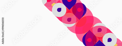 Abstract composition featuring overlapping circles. Pink, purple hues dominate white background. Modern, vibrant design elements present.