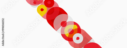 Abstract design features overlapping circles, red hues dominate, white background provides contrast. Minimalist composition, dynamic arrangement.