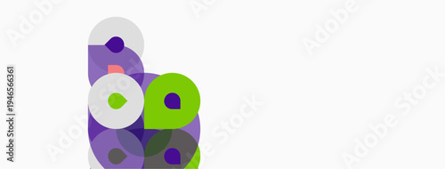 Abstract shapes, circles, purple, green hues dominate composition. Minimalist design, clean background, modern aesthetic. Simple geometry.