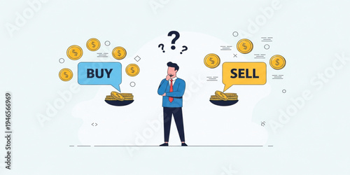 Investor Deciding Between Buy and Sell Options with Dollar Coins Representing Stock Market Trading Investment Strategy and Financial Decision Concept