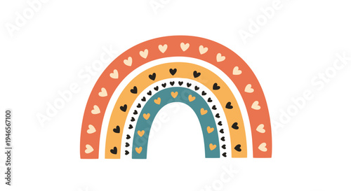 Beautiful boho style rainbow features earthy tones like orange and teal with cute heart patterns on each colorful arch.